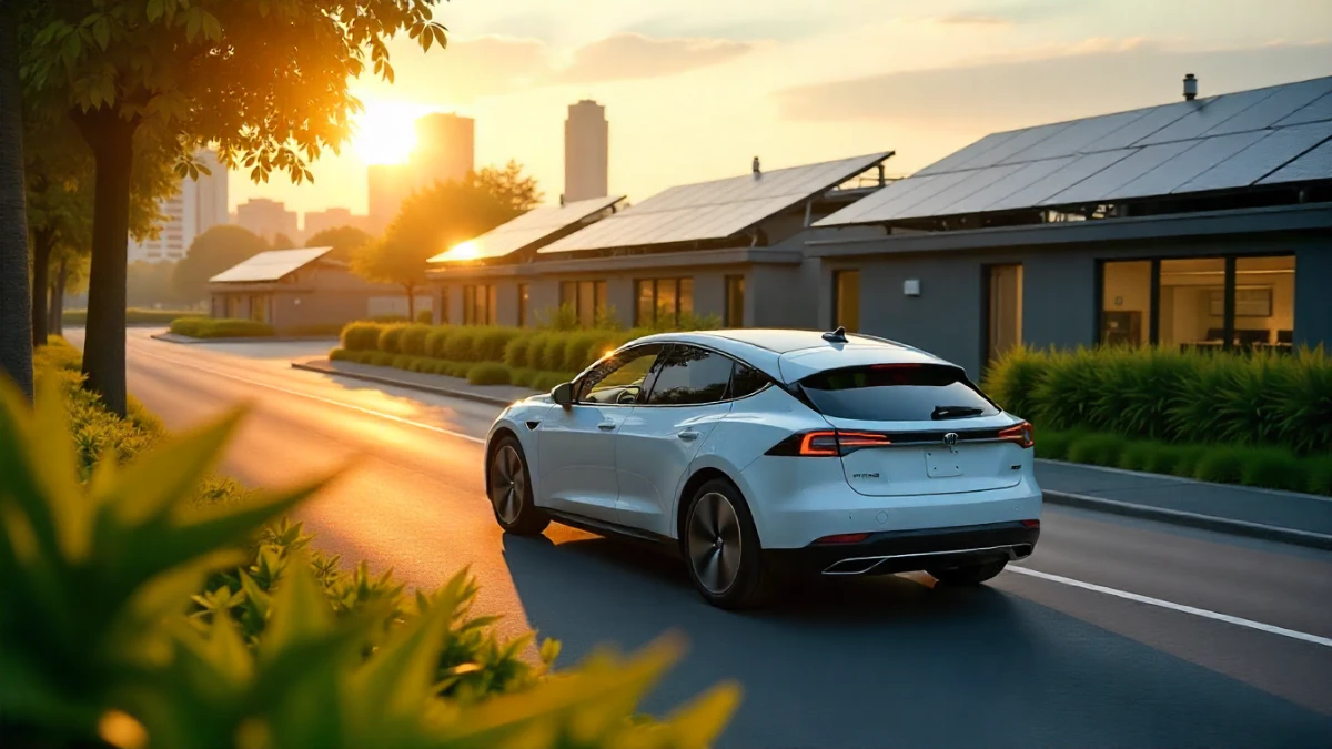 Electric car driving quietly in a sustainable city