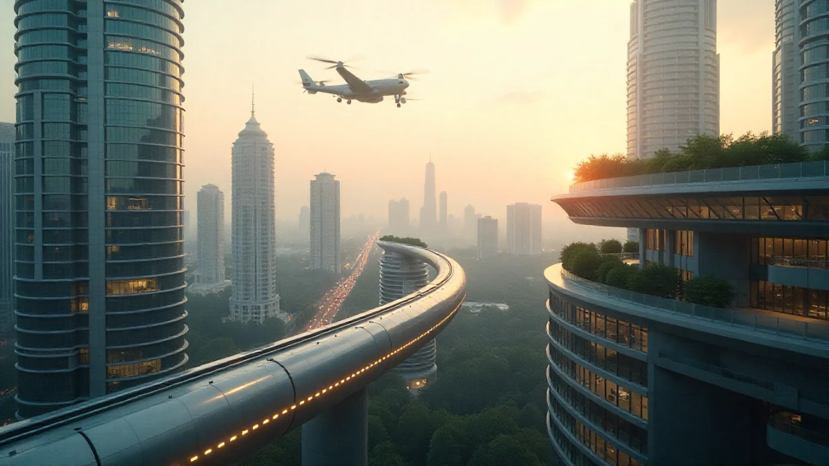 Electric flying taxis and Hyperloop representing future transportation