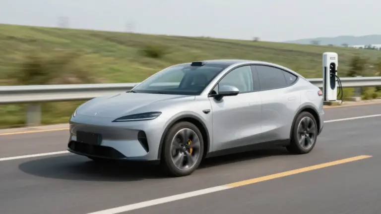 Electric vehicle driving confidently past charging stations