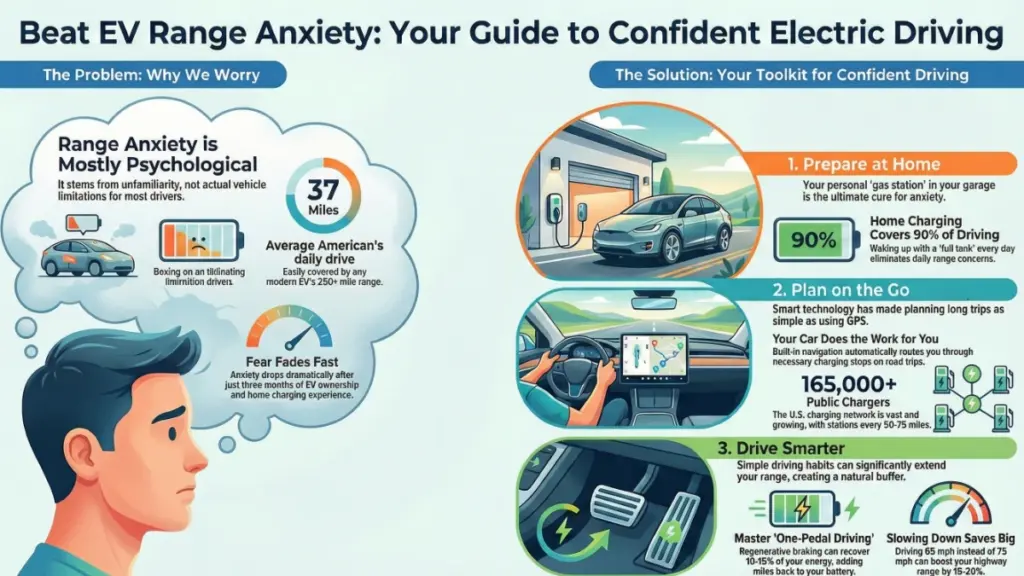EV charging at home overnight in a modern garage EV range anxiety solutions for confident electric driving