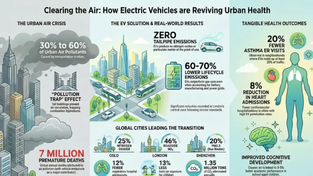 Clean city street with electric vehicles and clear air