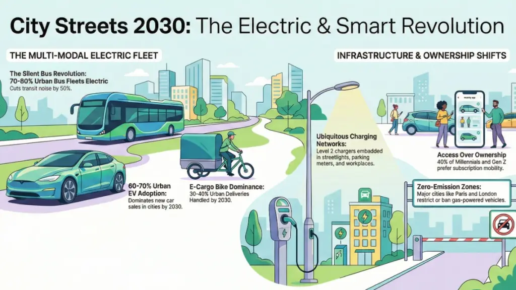 E-bikes, electric buses, and autonomous shuttles in a city