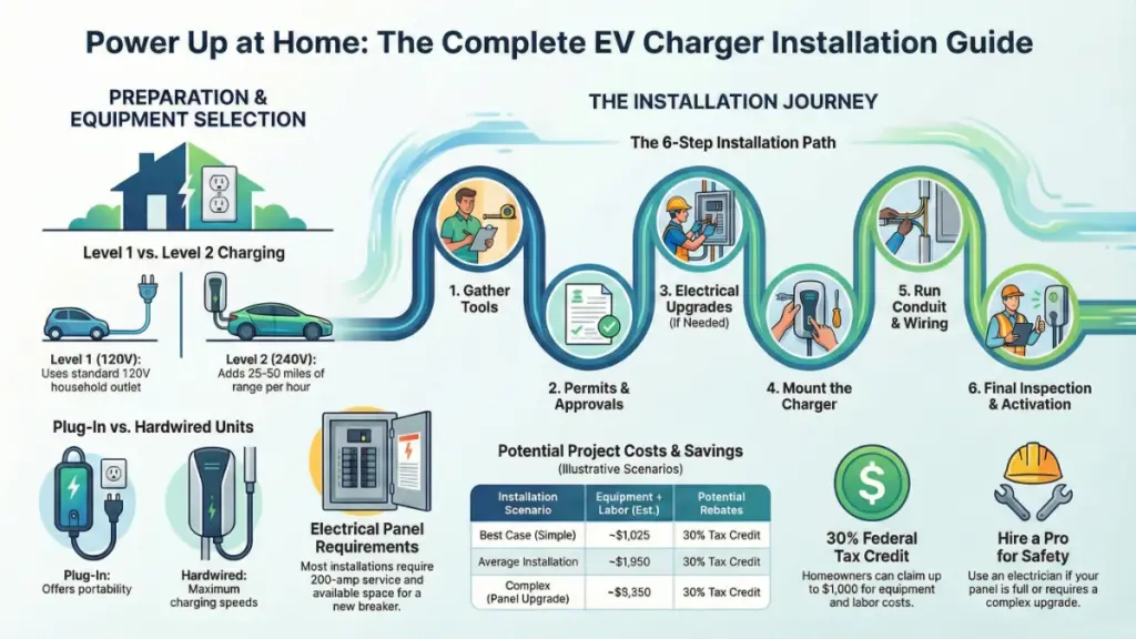 Home EV charger installed in residential garage