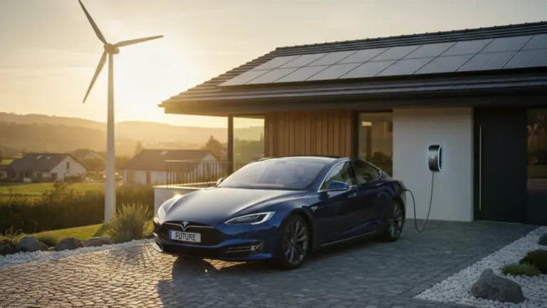 Electric car charging with rooftop solar panels at sunrise