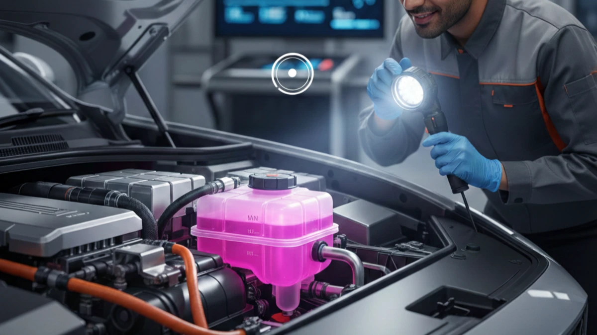 Professional technician inspecting an electric vehicle's liquid coolant reservoir during a maintenance check.