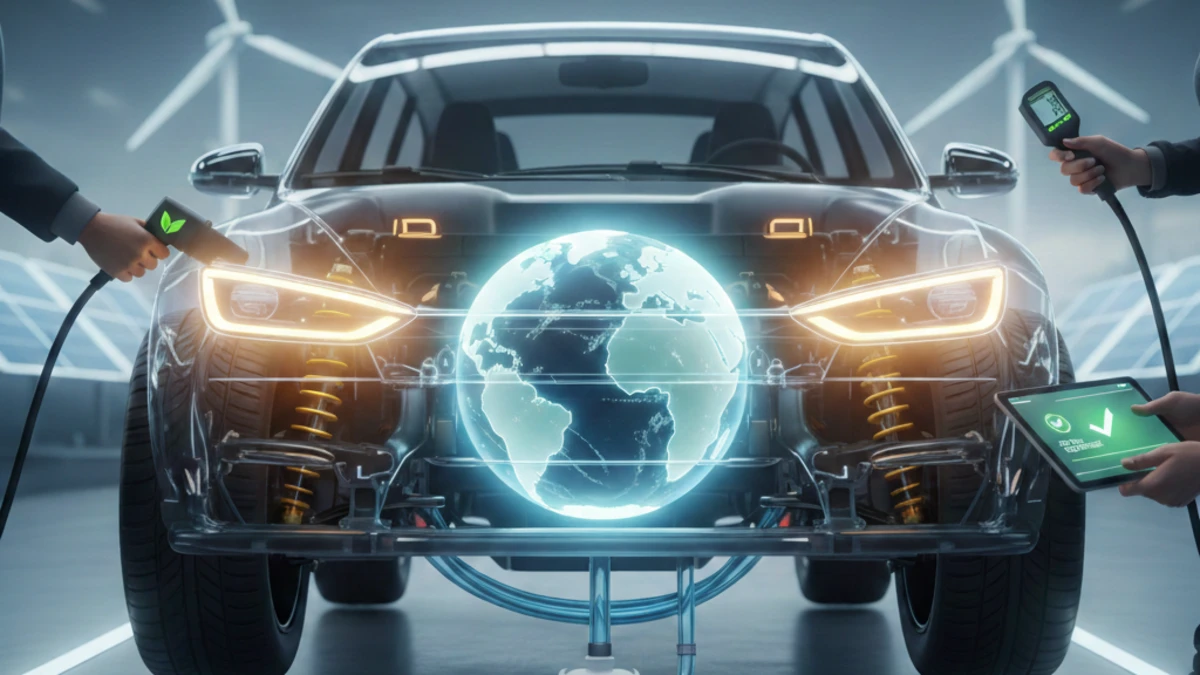 Electric vehicle charging at 80 percent inside eco-friendly garage with solar panels