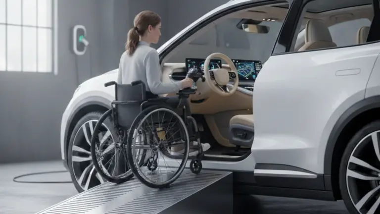 Wheelchair accessible electric vehicle with deployed ramp
