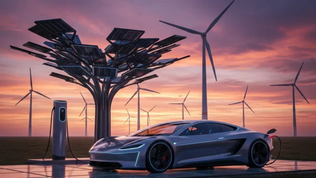 Wind turbines powering electric vehicle charging station