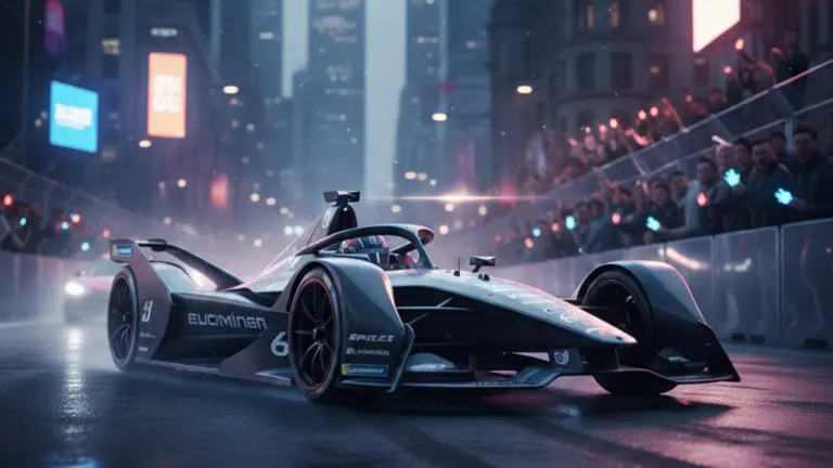 Formula E electric race car racing on city street circuit