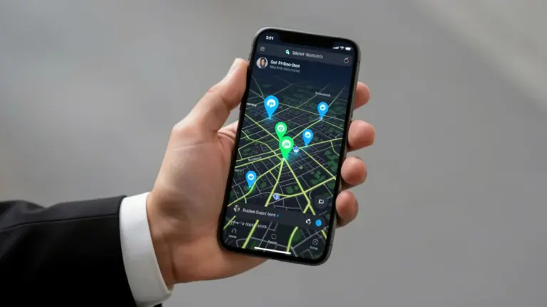 Person holding smartphone with EV charging station map in a professional setting