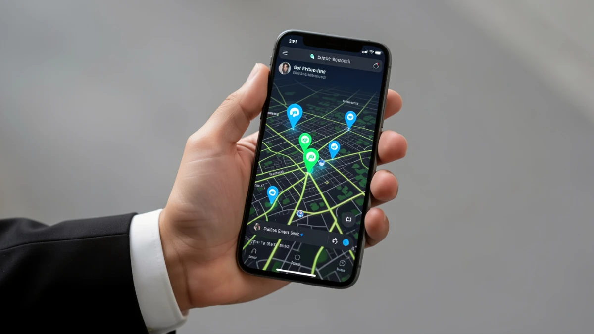 Person holding smartphone with EV charging station map in a professional setting