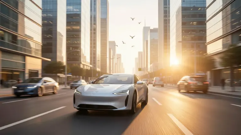 Electric car driving quietly through a modern city street at sunrise