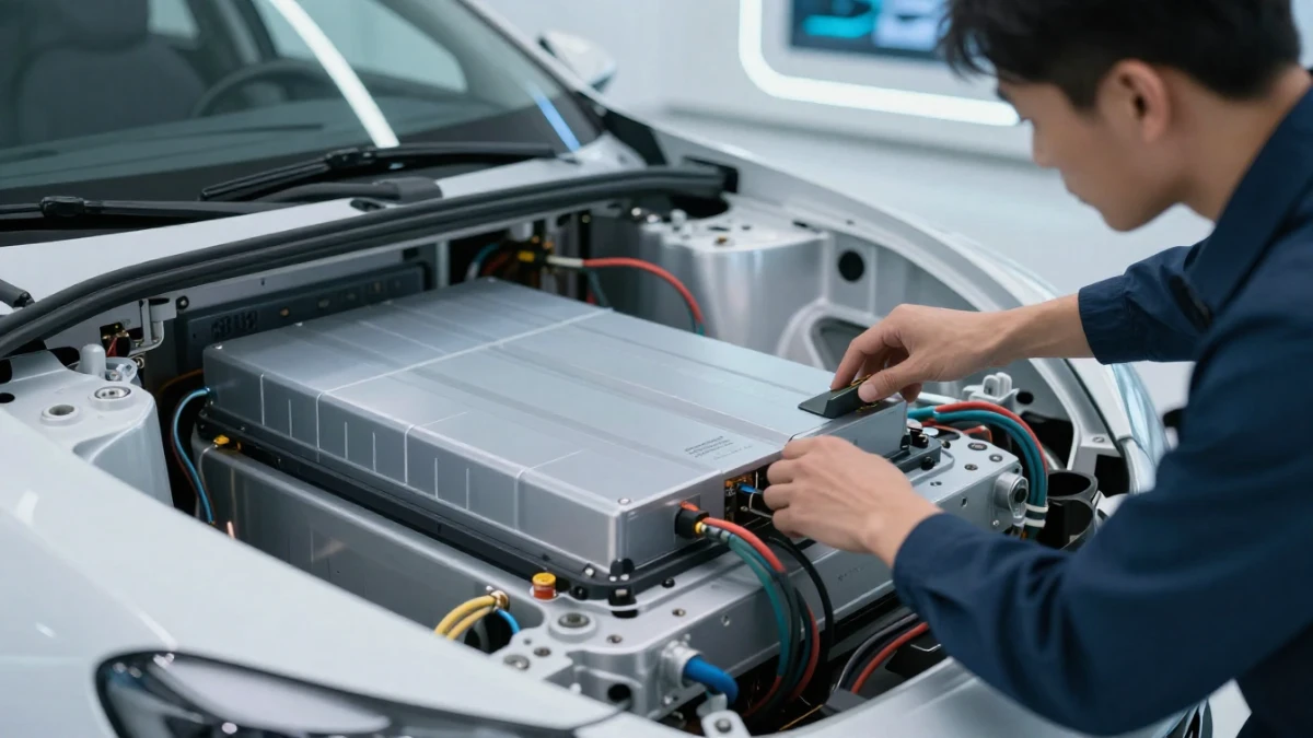 Electric vehicle battery pack mounted under chassis during inspection
