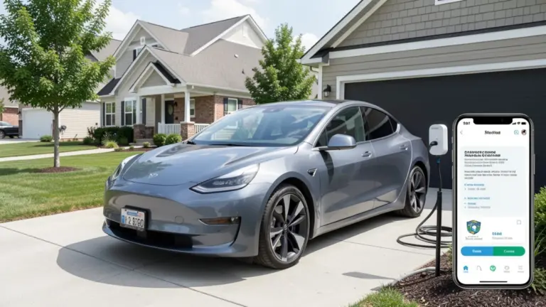 Electric car charging at home with insurance policy documents