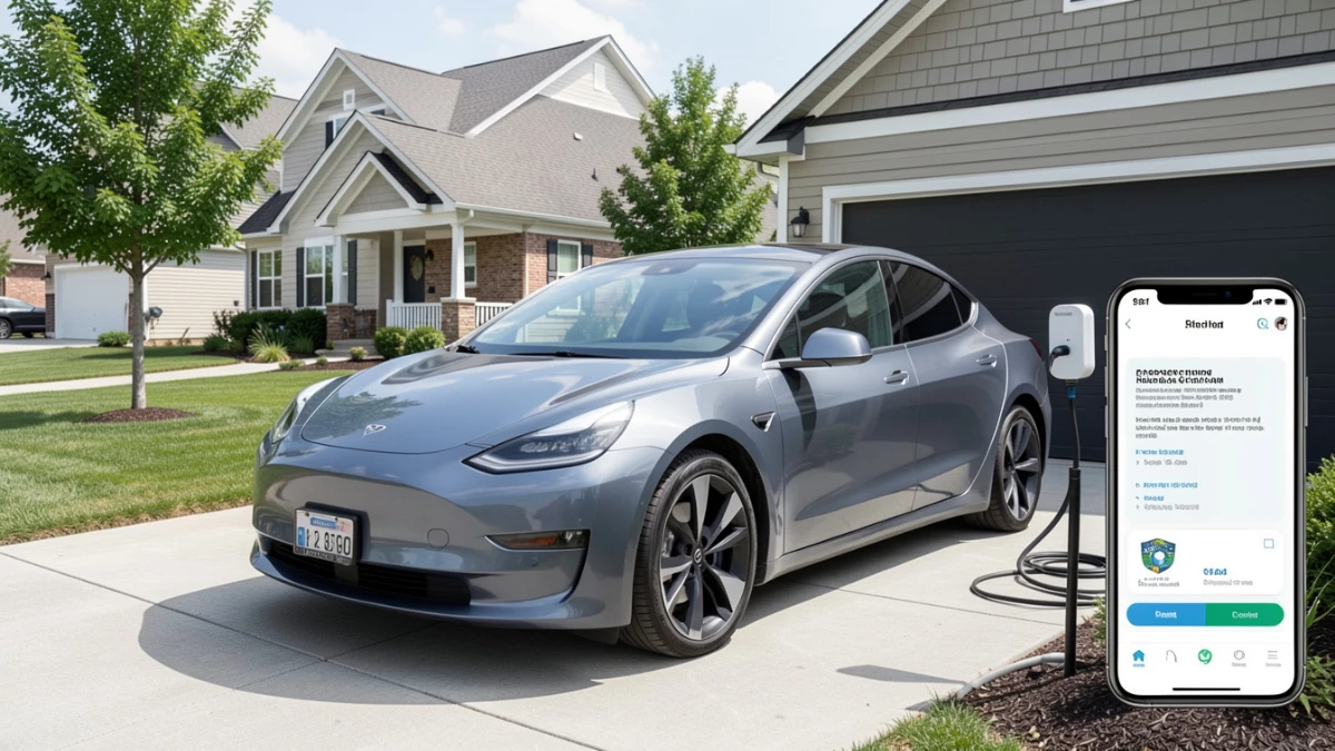 Electric car charging at home with insurance policy documents