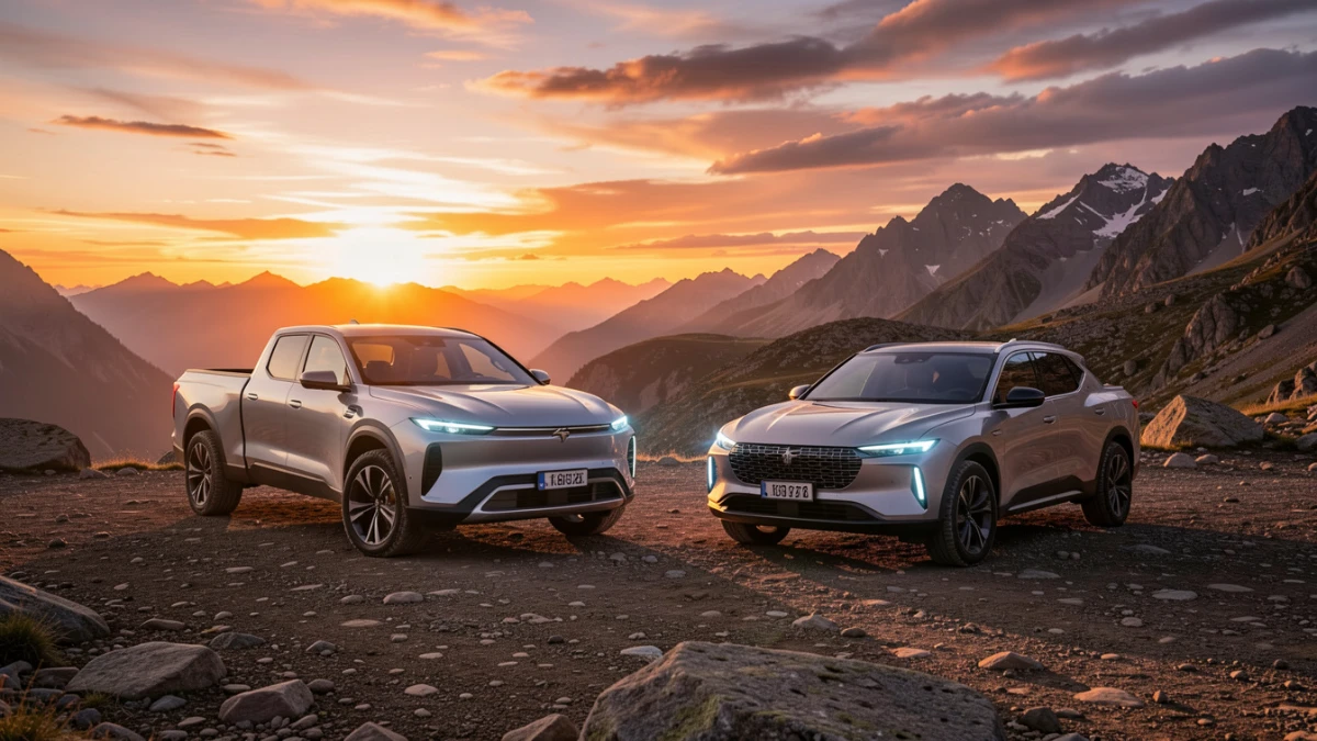 Electric pickup truck towing camper in mountains at sunset