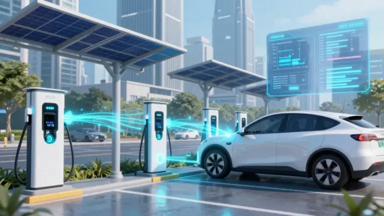 Electric vehicle connected to bidirectional V2G charging station in smart city