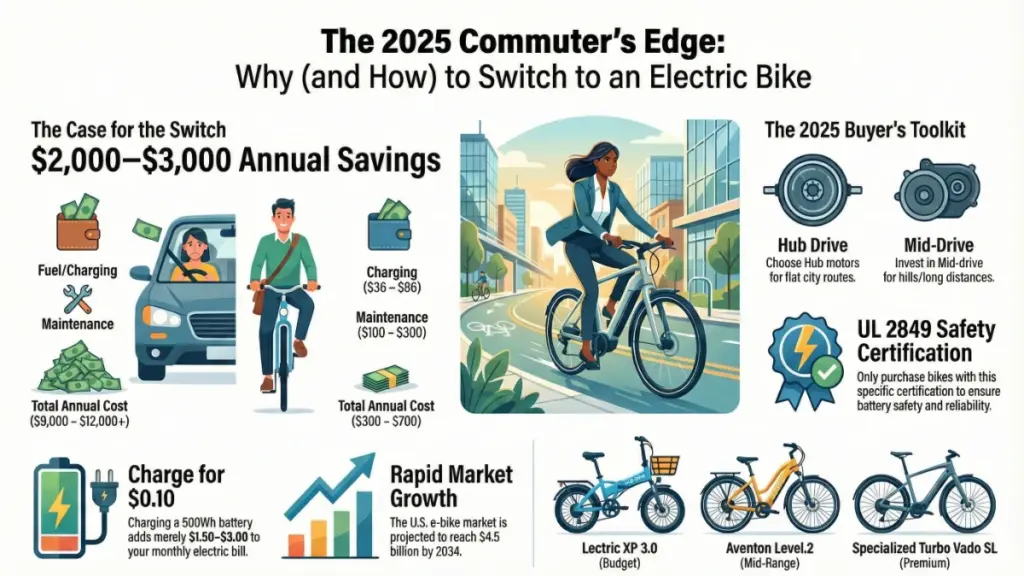 Electric commuter bike with rack and lights