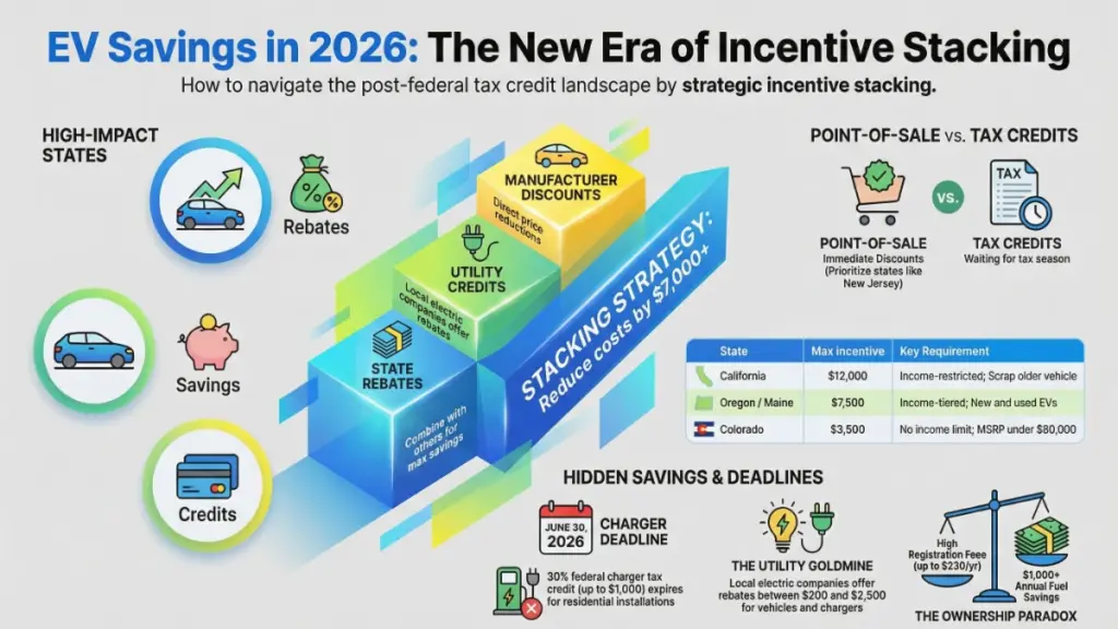 EV buyer calculating state rebates and tax credits in 2026
