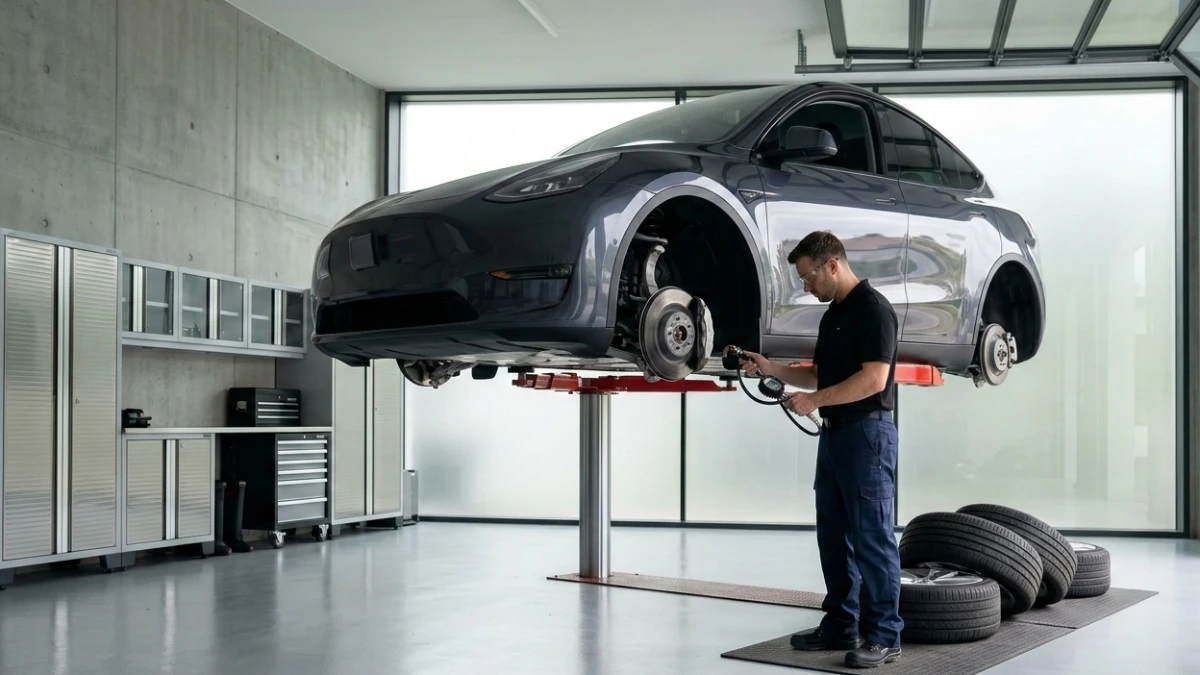 DIY tire pressure check on a Tesla Model Y in a home garage