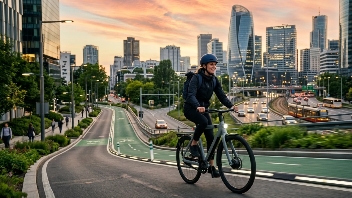 electric bicycle commuter riding through modern city bike lane
