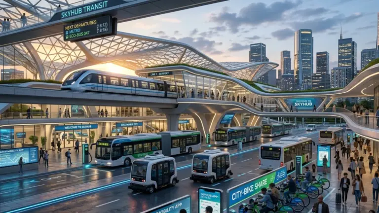 smart integrated public transport system with electric buses trains and shared bikes in modern city