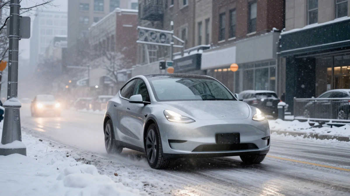 Electric car charging in snowy driveway during winter morning