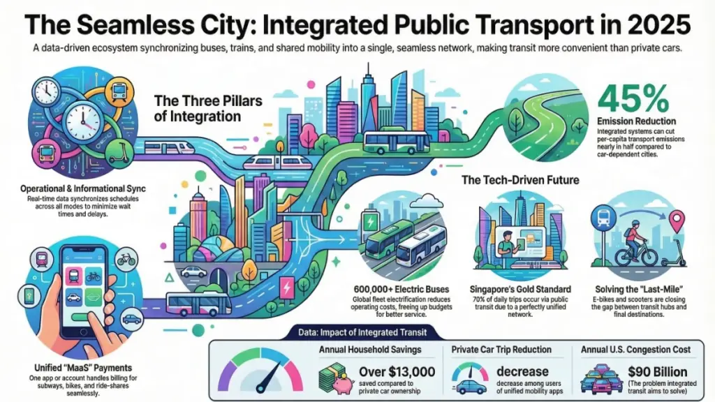 passenger using smartphone mobility app to access multimodal transport including metro bus and e bike