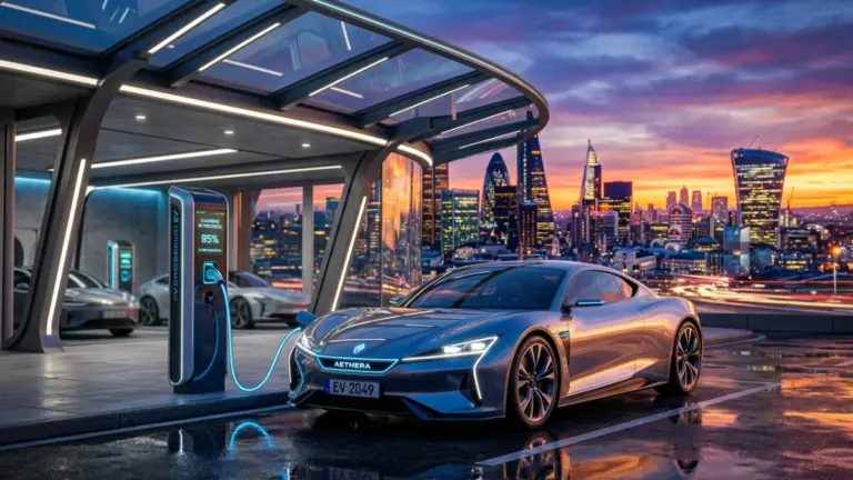 electric car charging at home wall charger at night