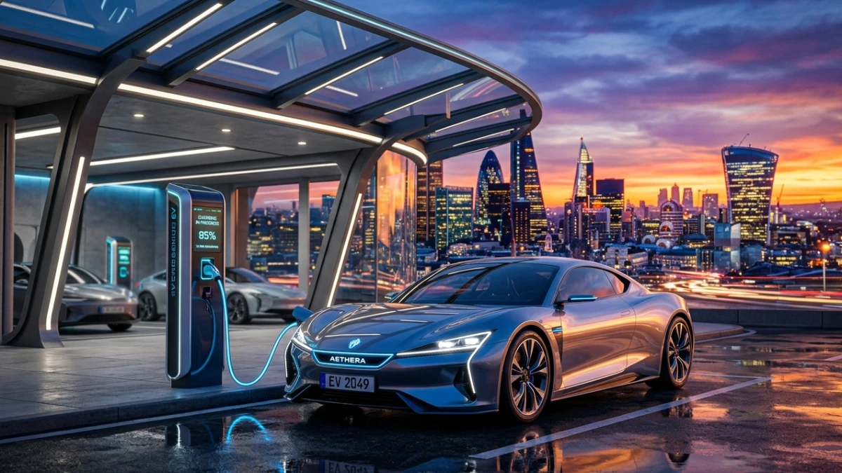 electric car charging at home wall charger at night
