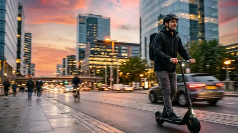 Adult riding electric scooter in urban city commute