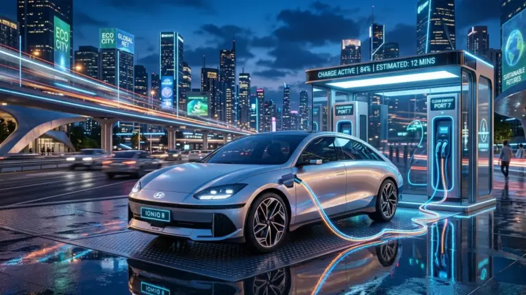 Electric vehicle charging at home with wall charger at night