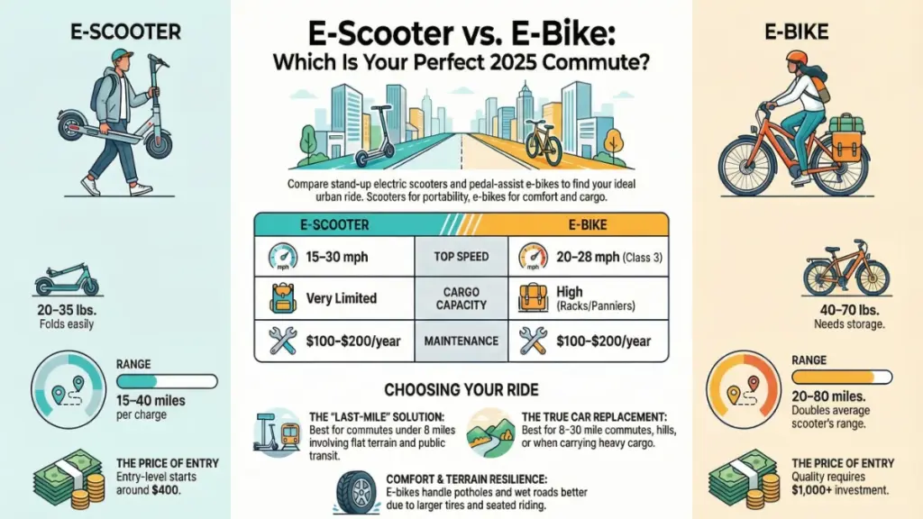 commuter riding e-bike and e-scooter comparison