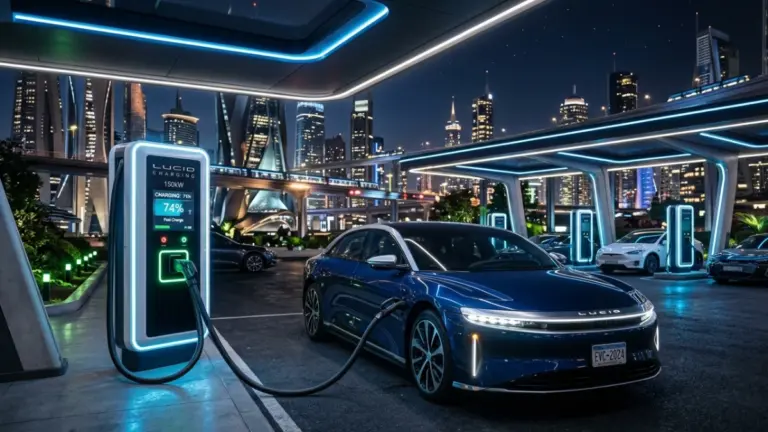 Electric car charging at public fast charging station at nigh