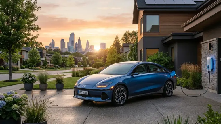 Modern electric car charging overnight in a residential garage with smart home energy system.