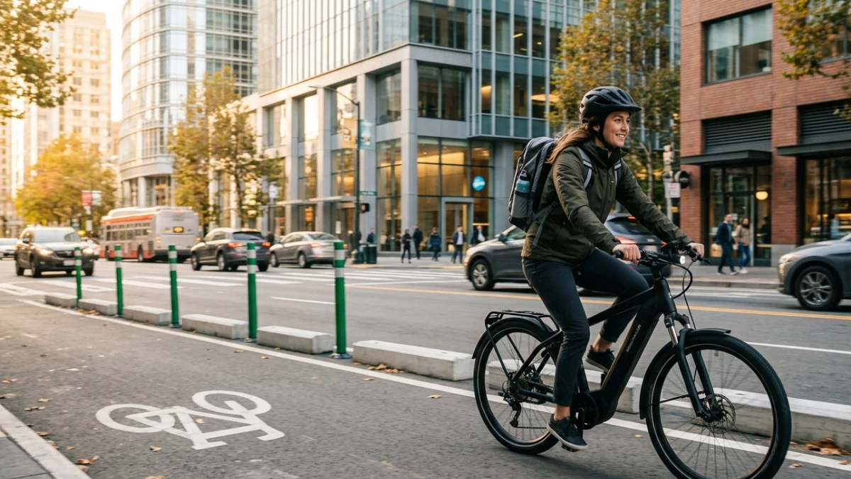 Person commuting to work on an electric bicycle in a protected urban bike lane during morning rush hour.