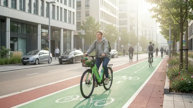 Person riding an electric bike through a modern city during a sustainable daily commute