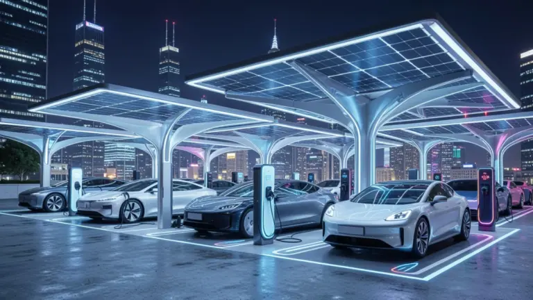 Modern electric vehicle charging at an ultra-fast station in 2025