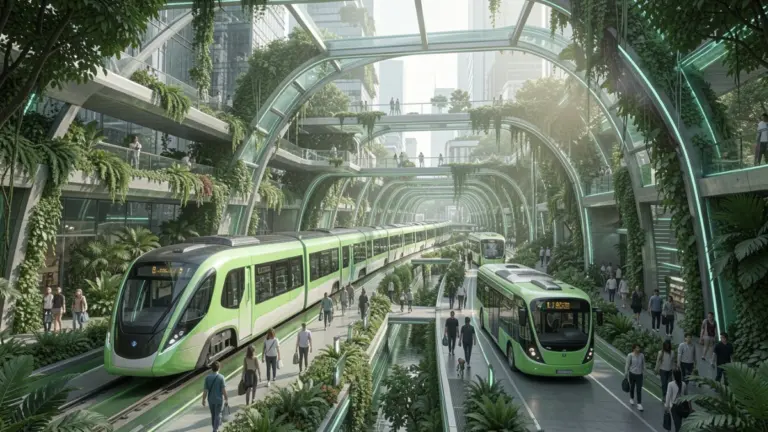 Electric vehicles and e-bikes moving through a sustainable smart city with green infrastructure