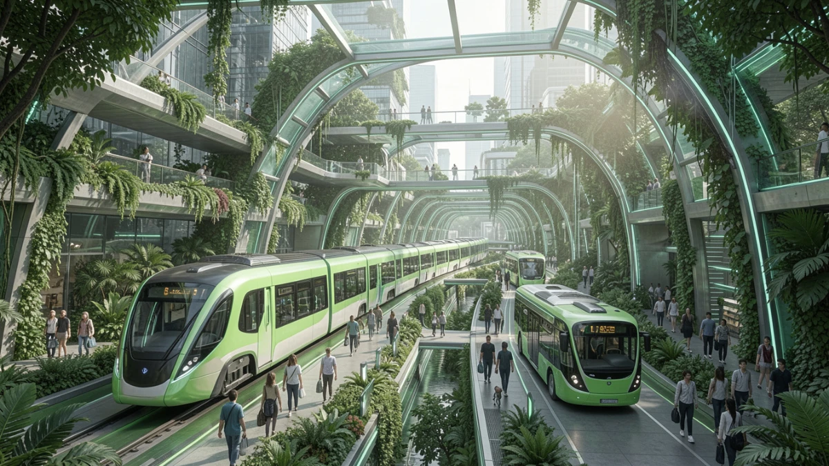 Electric vehicles and e-bikes moving through a sustainable smart city with green infrastructure