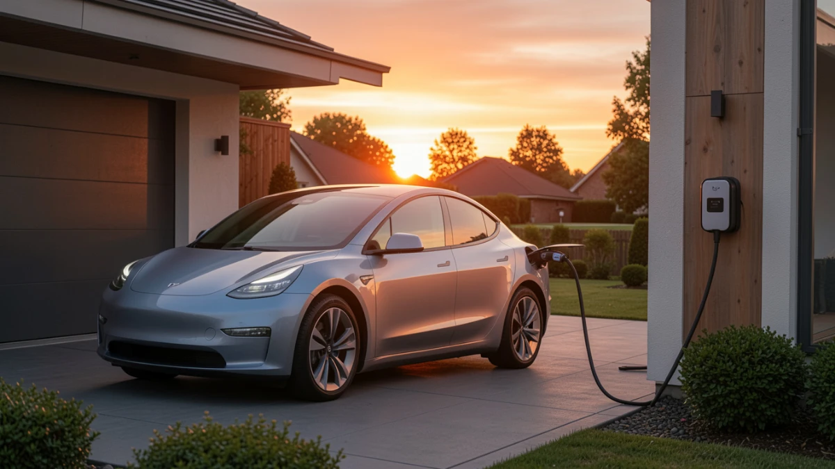 Electric car charging at home wall charger in suburban driveway