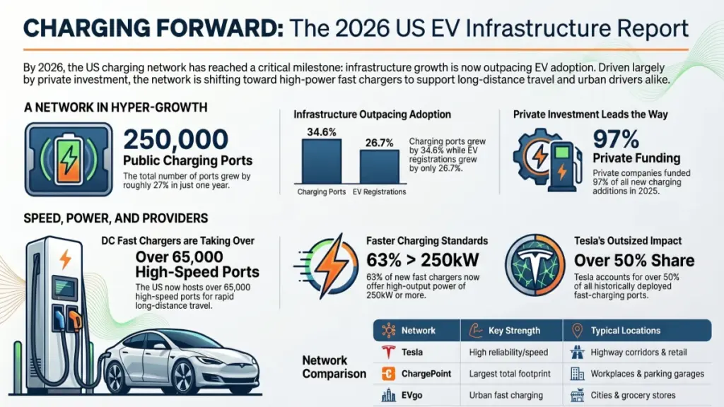 Map-style visualization showing EV charging station growth and coverage across the United States.