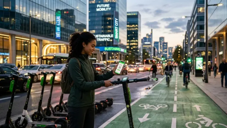 Person riding a shared electric scooter in a city bike lane during morning commute.