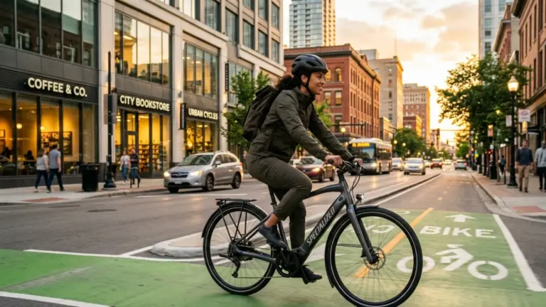 Urban commuter riding an electric bike through city traffic during morning rush hour.