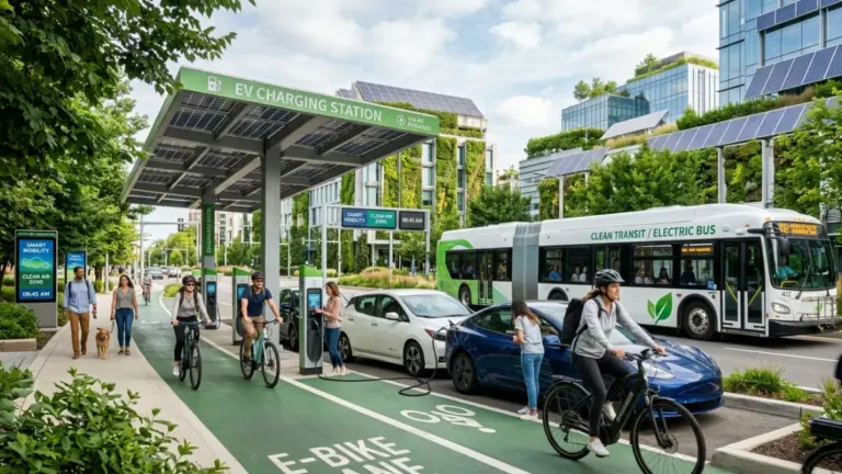 Electric vehicle charging at a modern public charging station in a sustainable city.