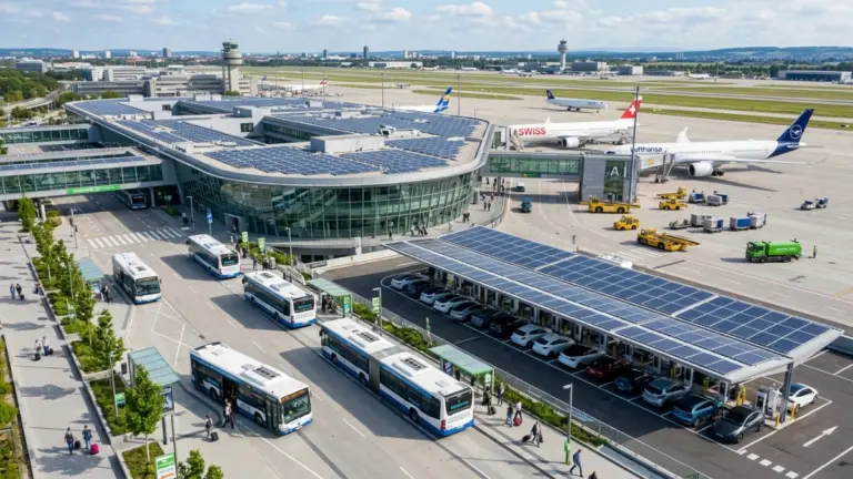 Electric airport shuttle bus transporting passengers near a modern terminal with EV charging stations.
