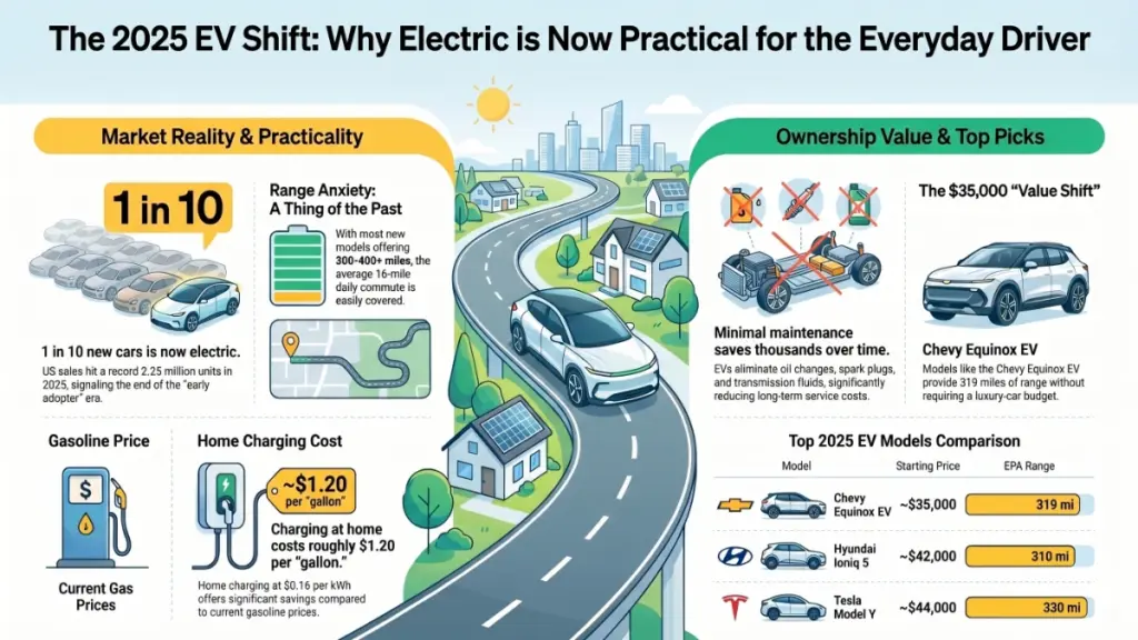 Family comparing electric vehicles at a modern EV dealership showroom