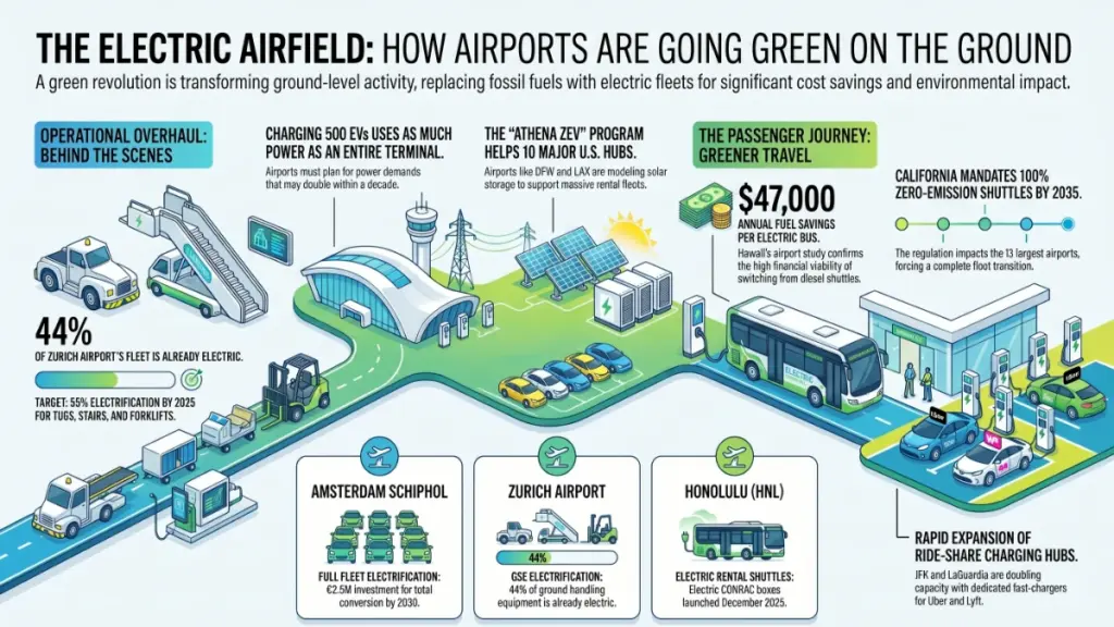 Electric baggage vehicles and service equipment operating on an airport apron with clean energy infrastructure.