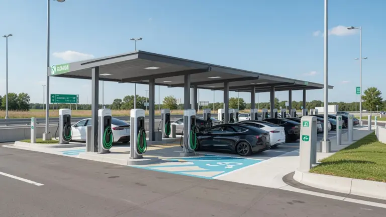 Electric vehicles charging at a modern public fast-charging station in the United States during 2026.