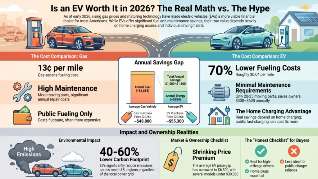 Modern electric vehicle driving through a city with zero tailpipe emissions and advanced digital technology.